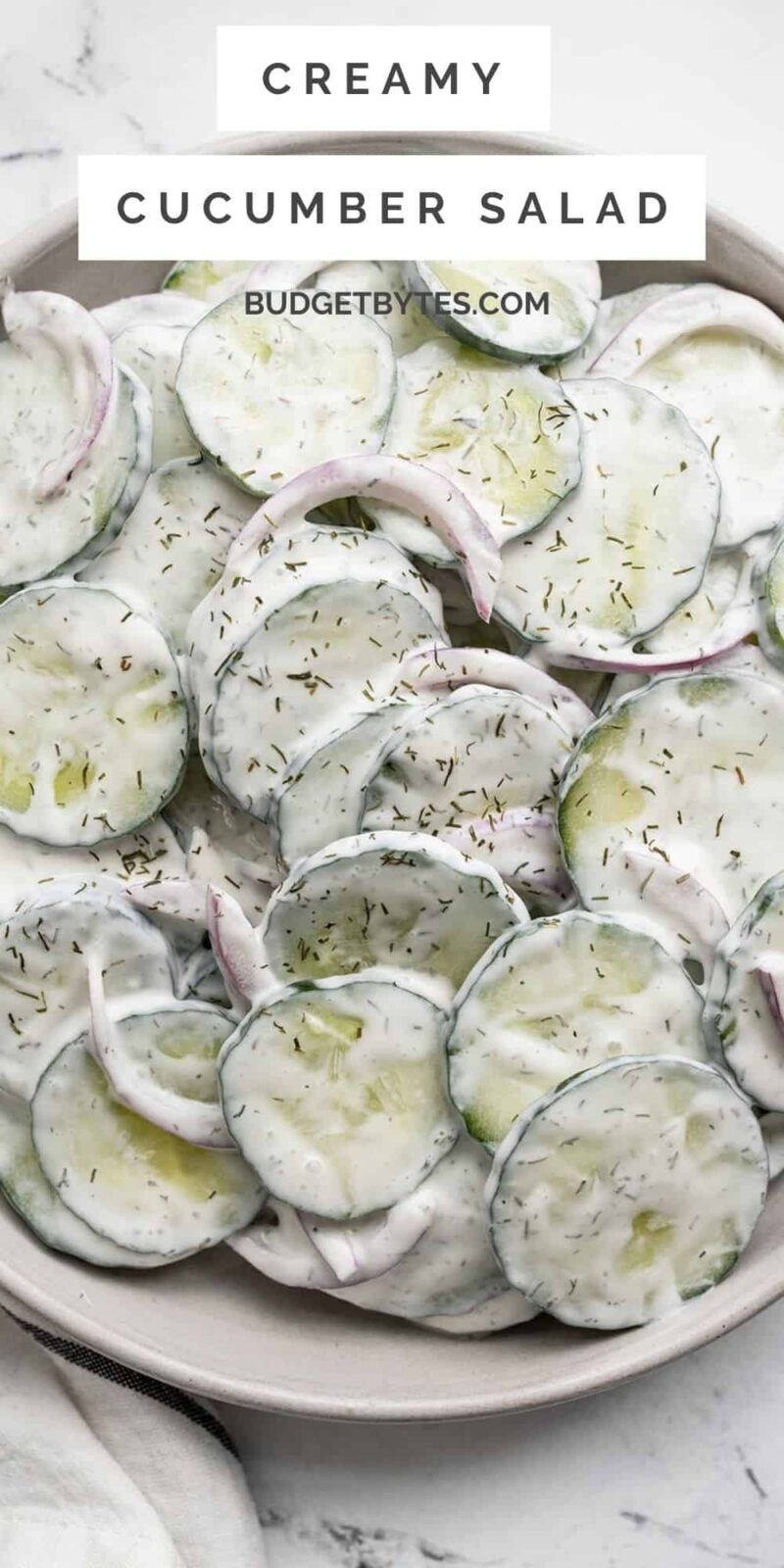 Close up overhead view of a plate full of creamy cucumber salad.