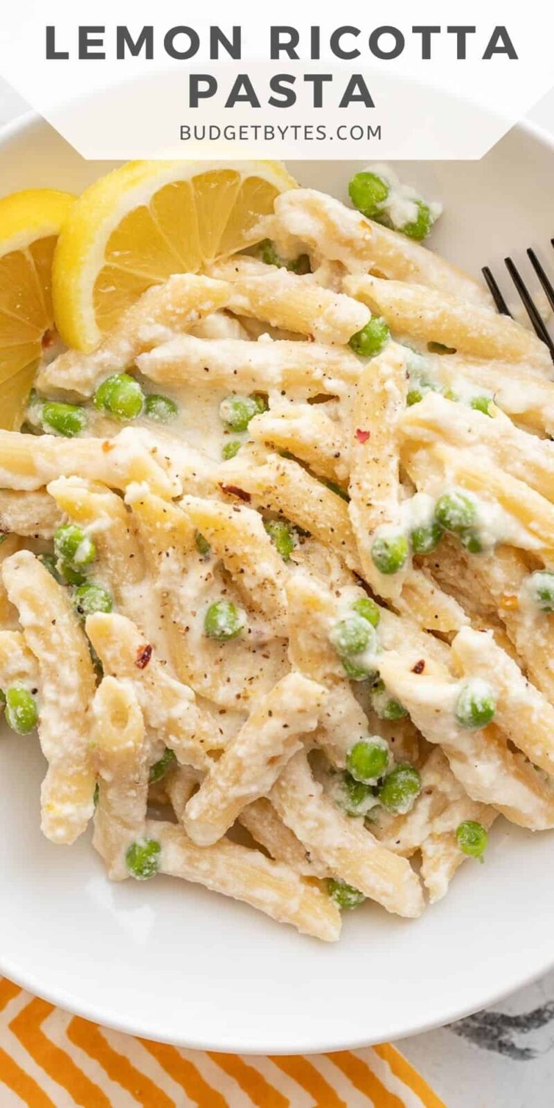 Close up of a bowl of lemon ricotta pasta with title text at the top.