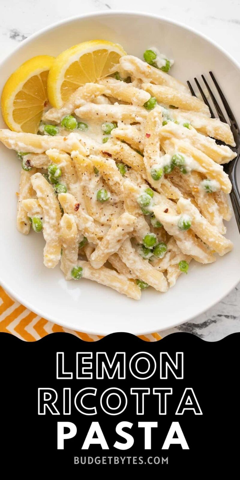 Overhead view of a bowl of lemon ricotta pasta.