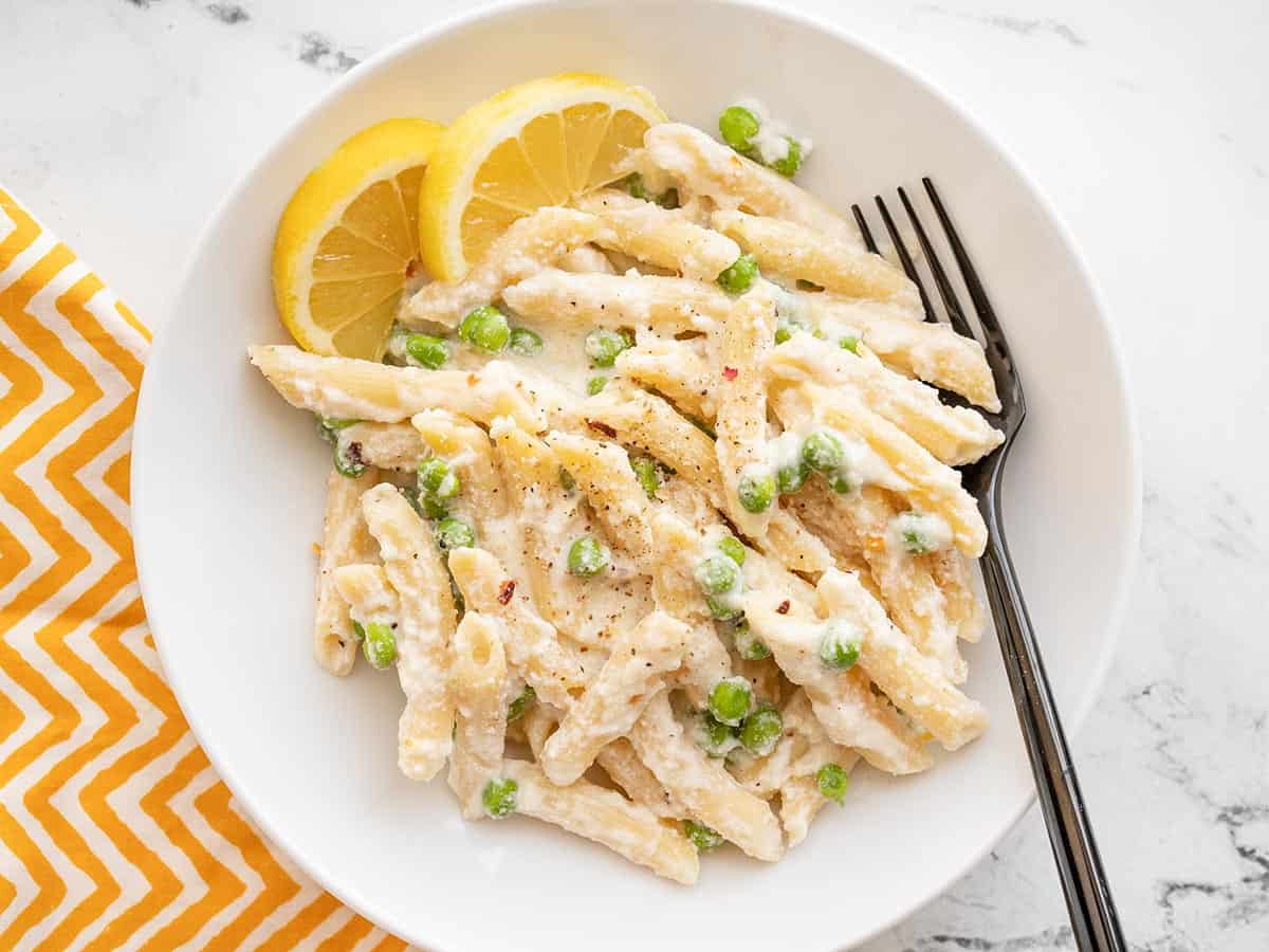 Overhead view of a bowl of lemon ricotta pasta.