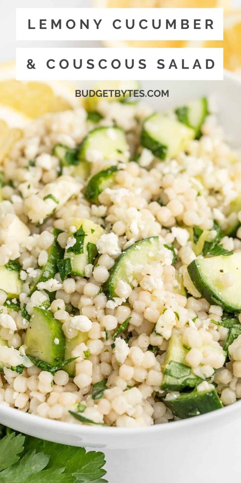 Close up side view of a bowl of lemony cucumber couscous salad.