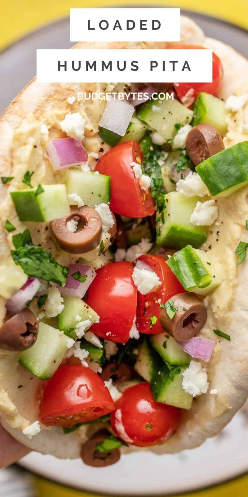 Close up of a hand holding a folded loaded hummus pita.