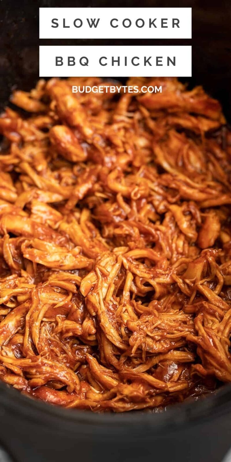 Close up side view of slow cooker bbq chicken in the pot.