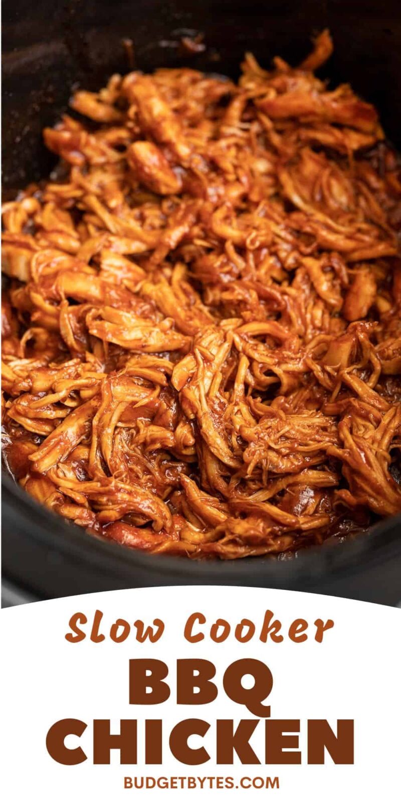 Close up side view of slow cooker bbq chicken in the pot.