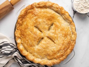 Overhead view of baked pie on a countertop.