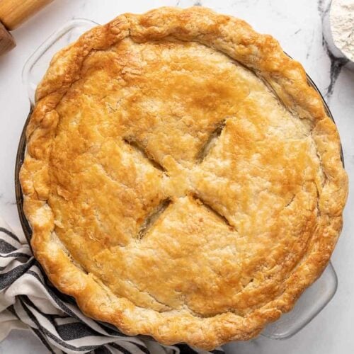 Overhead view of baked pie on a countertop.