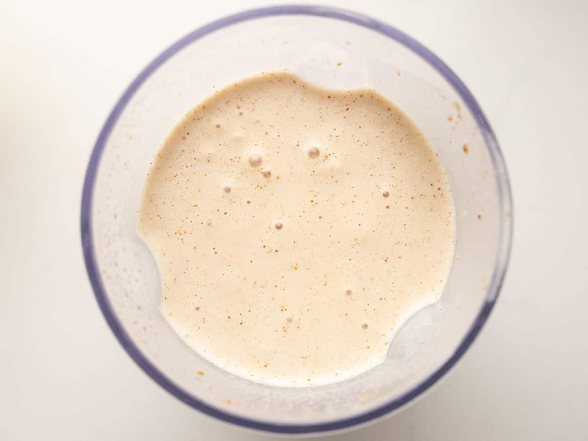 Blended smoothie in the blender cup, from above.