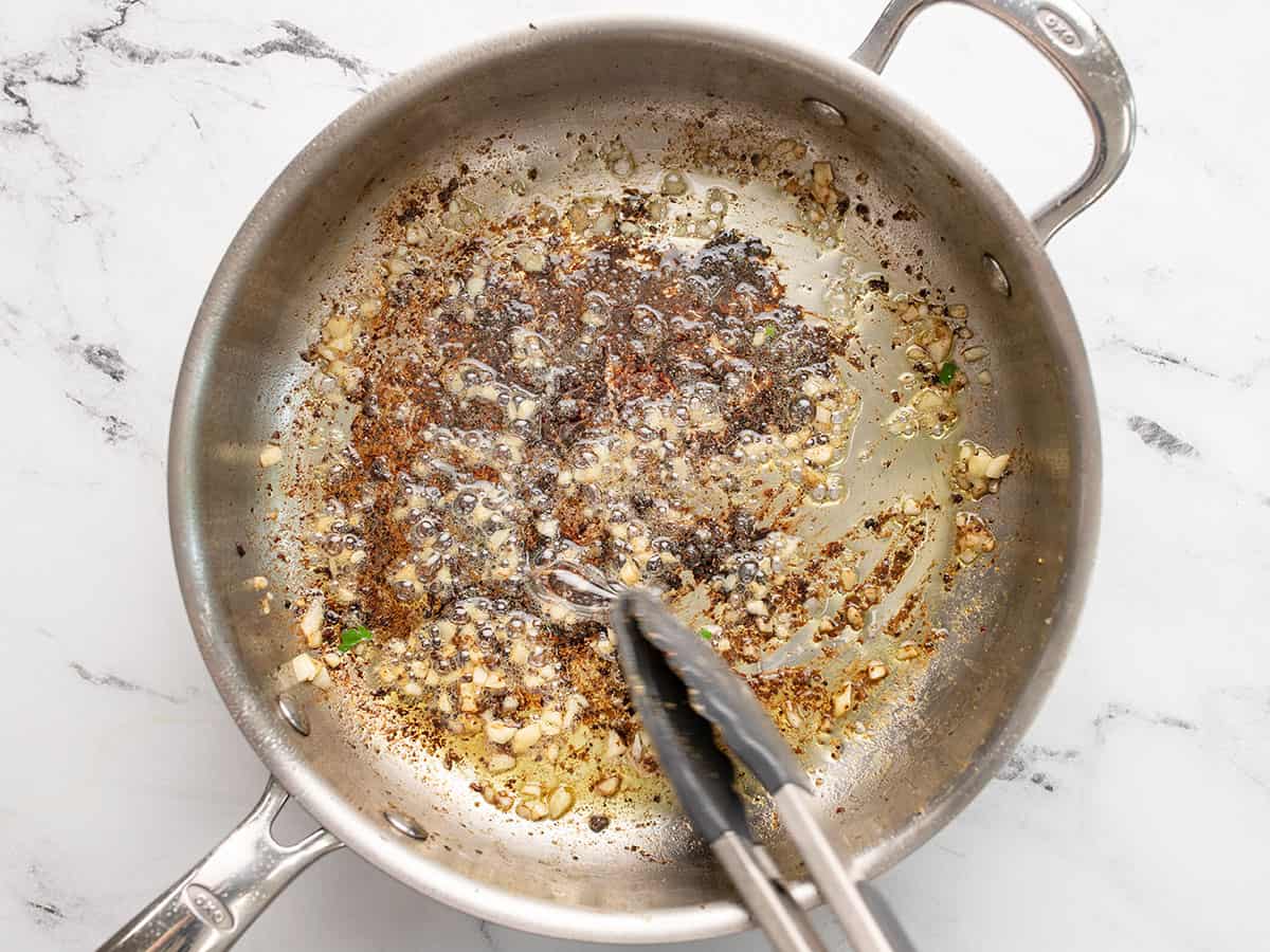 Garlic added to the skillet.