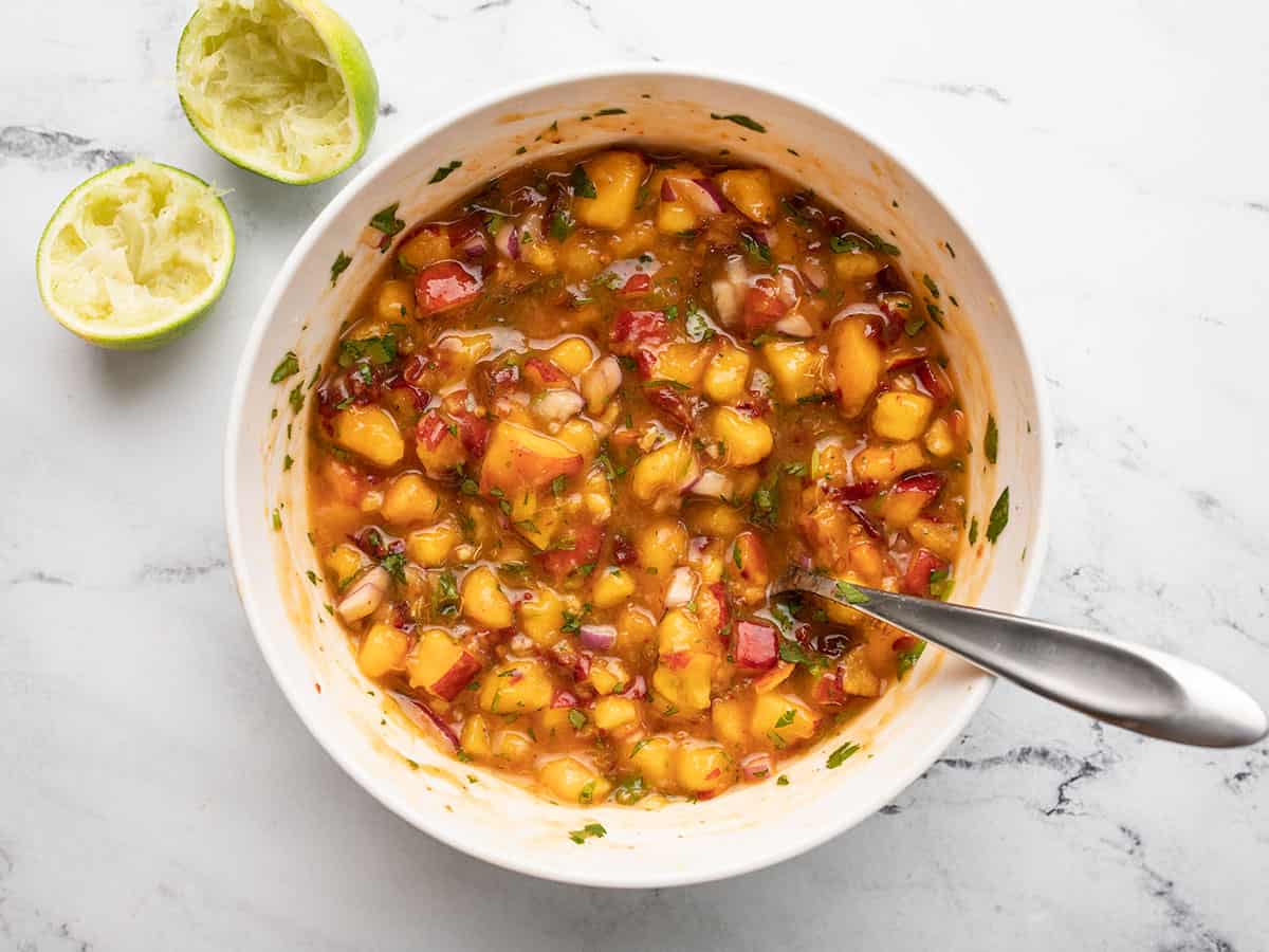 Salsa stirred together in the bowl.