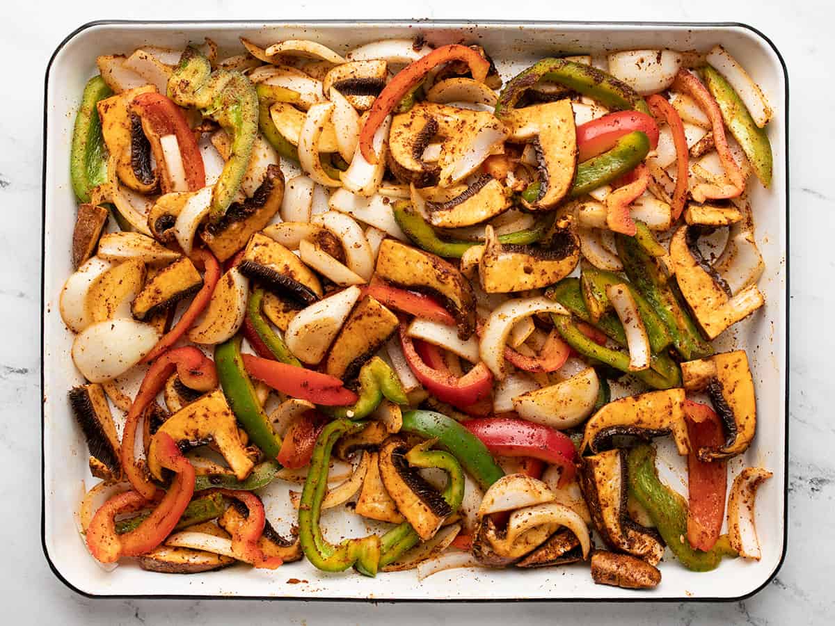 Seasoned vegetables ready to roast.