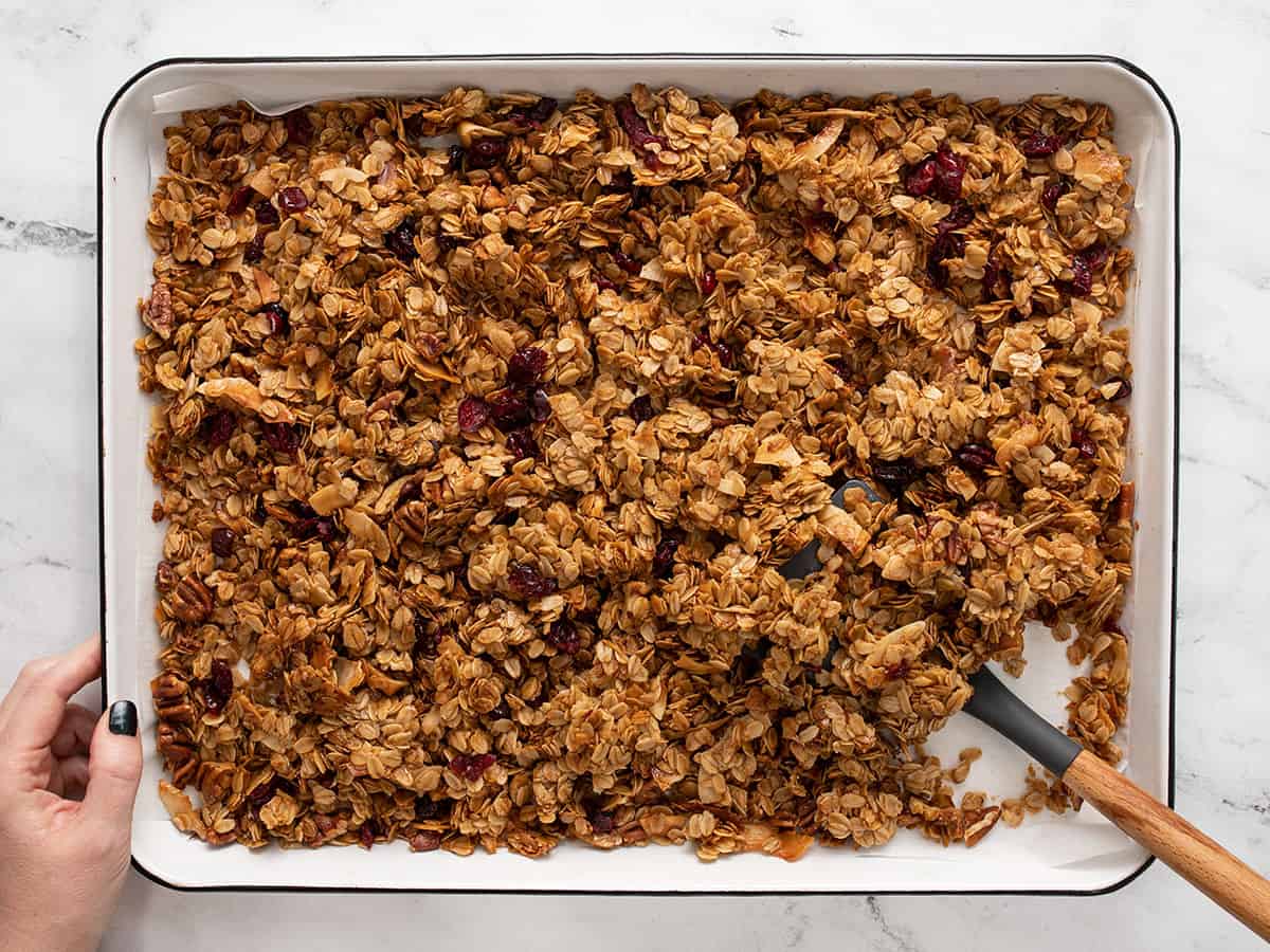 Finished crispy granola on the baking sheet.