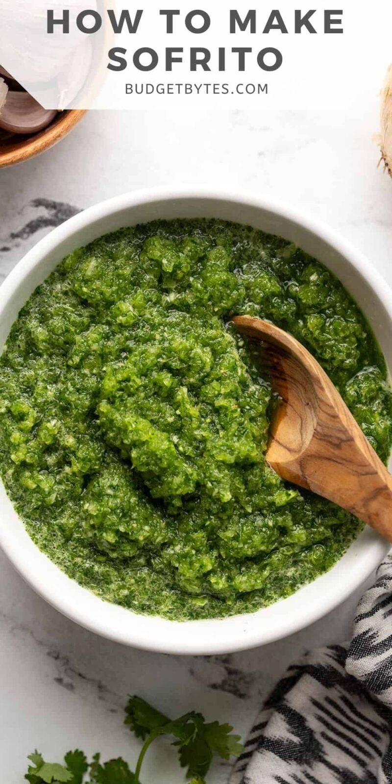 Overhead shot of sofrito in a white bowl with a wood spoon in it.