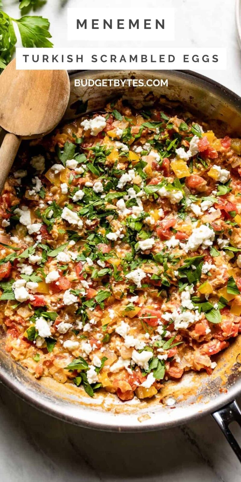 Overhead view of a skillet full of menemen.