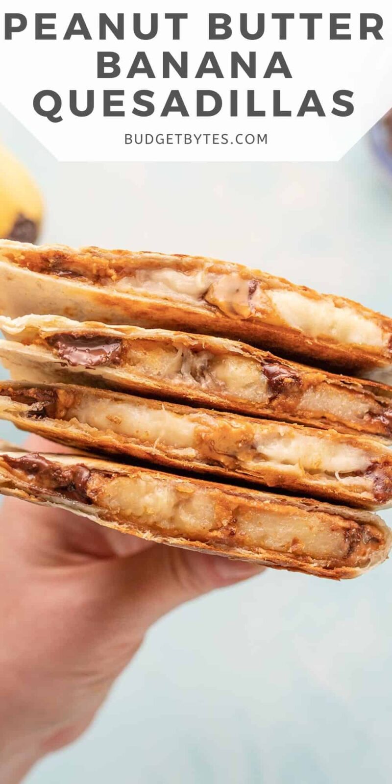 A hand holding a stack of peanut butter banana quesadillas.