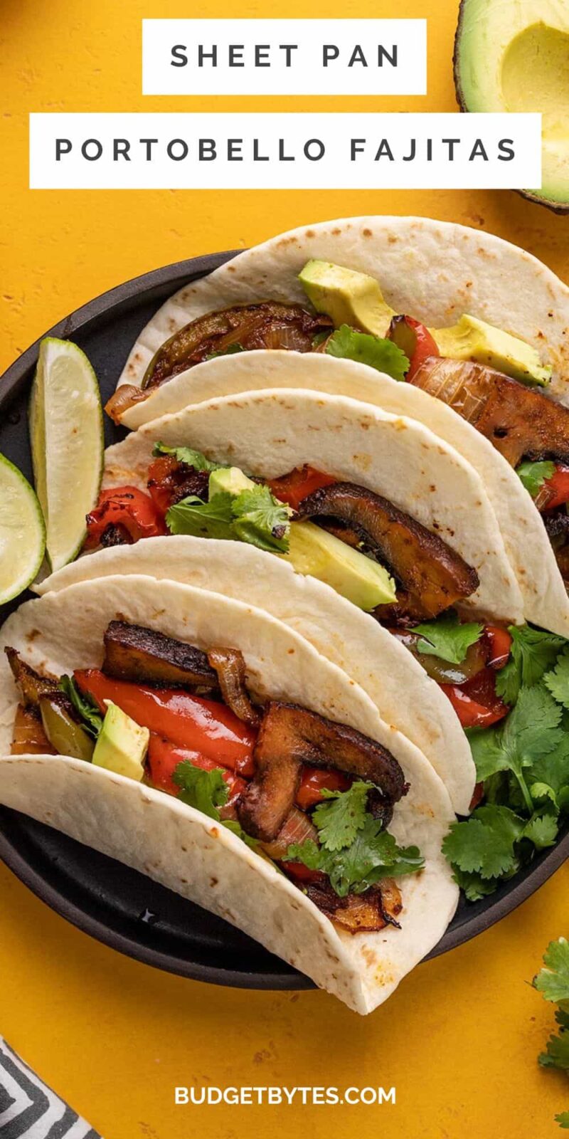 Overhead view of three portobello fajitas on a plate.