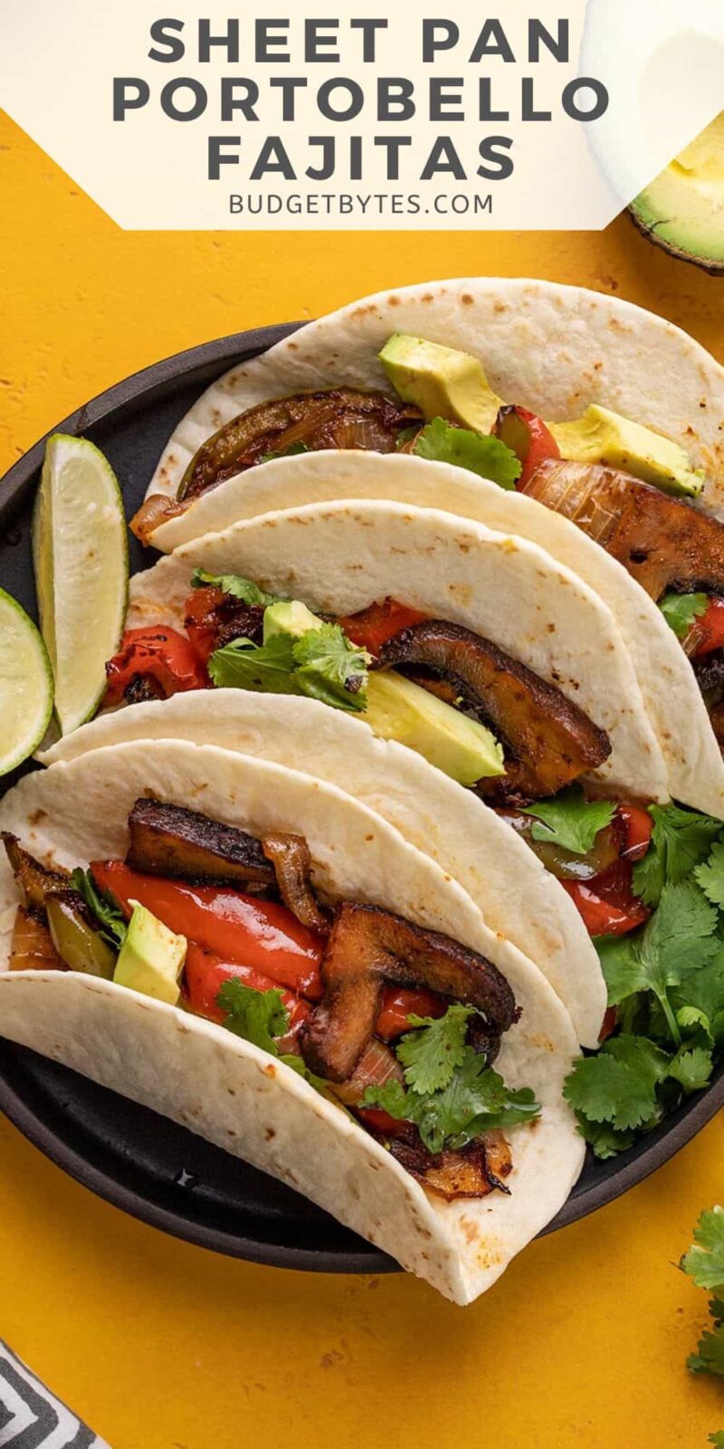 Overhead view of three portobello fajitas on a plate.