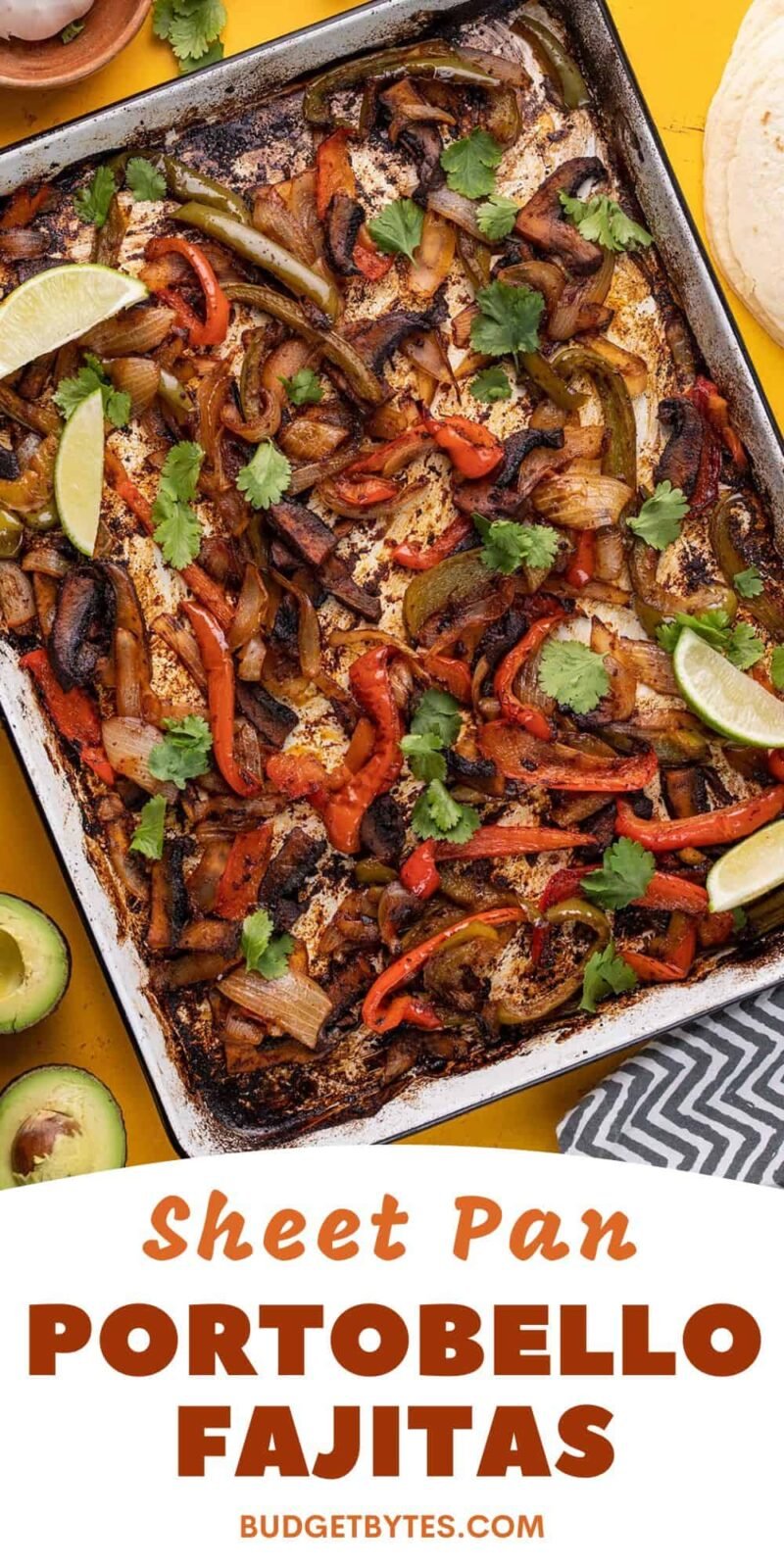 Overhead view of a sheet pan full of fajita vegetables.