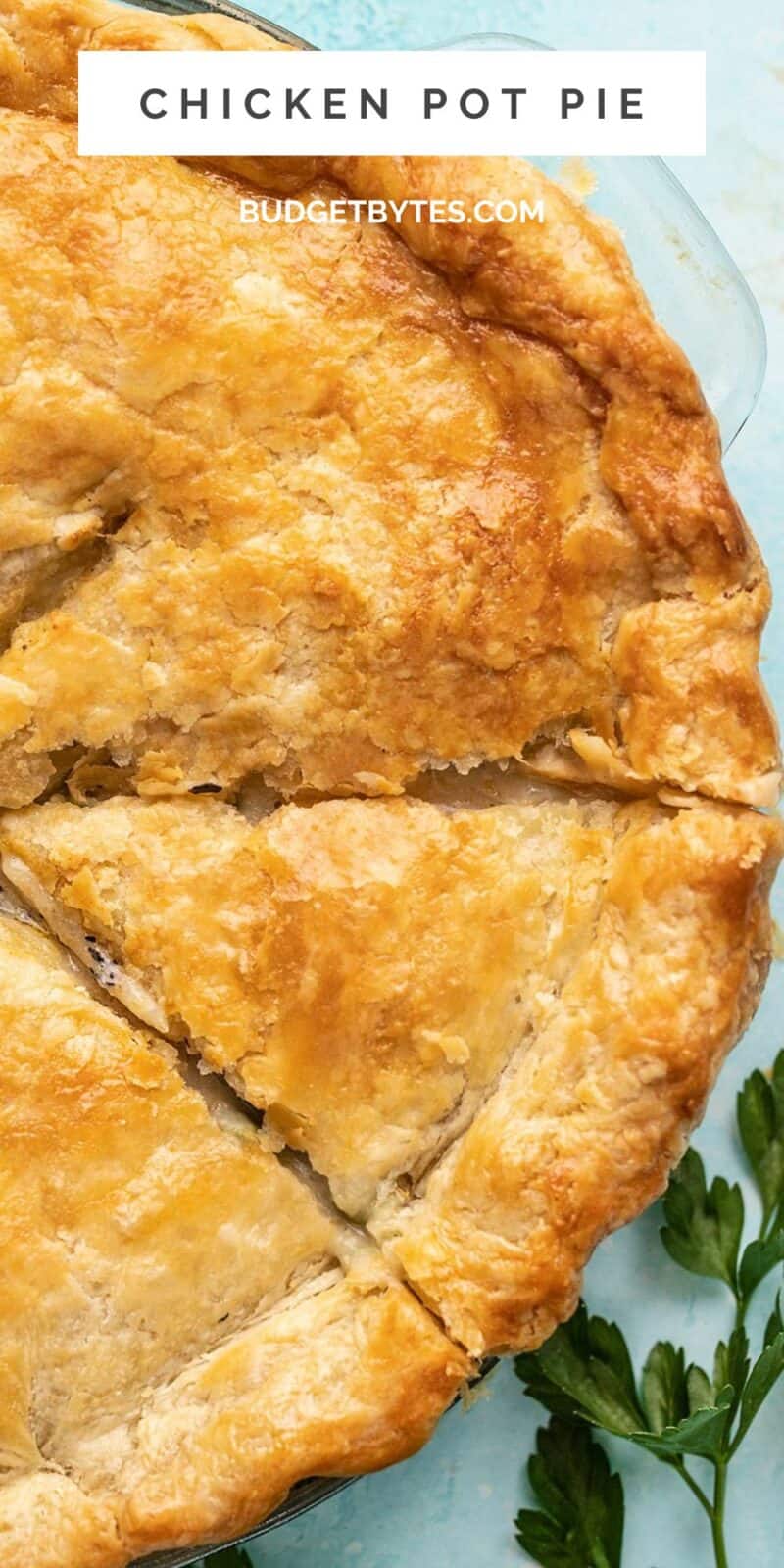 Overhead view of a chicken pot pie with a slice cut into it.