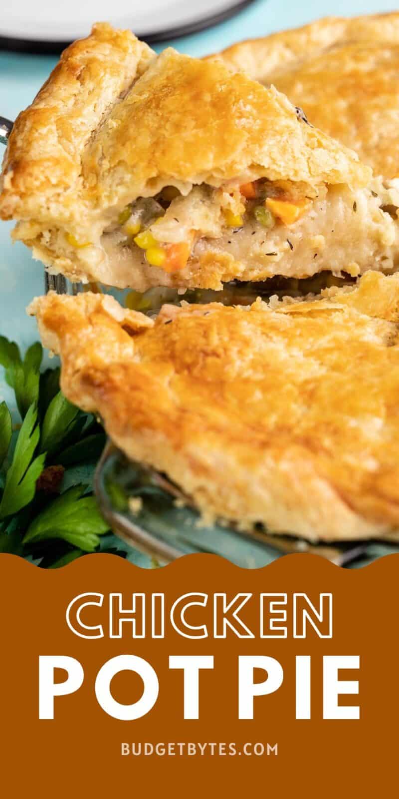 Side view of a slice of pot pie being lifted out of the pie.