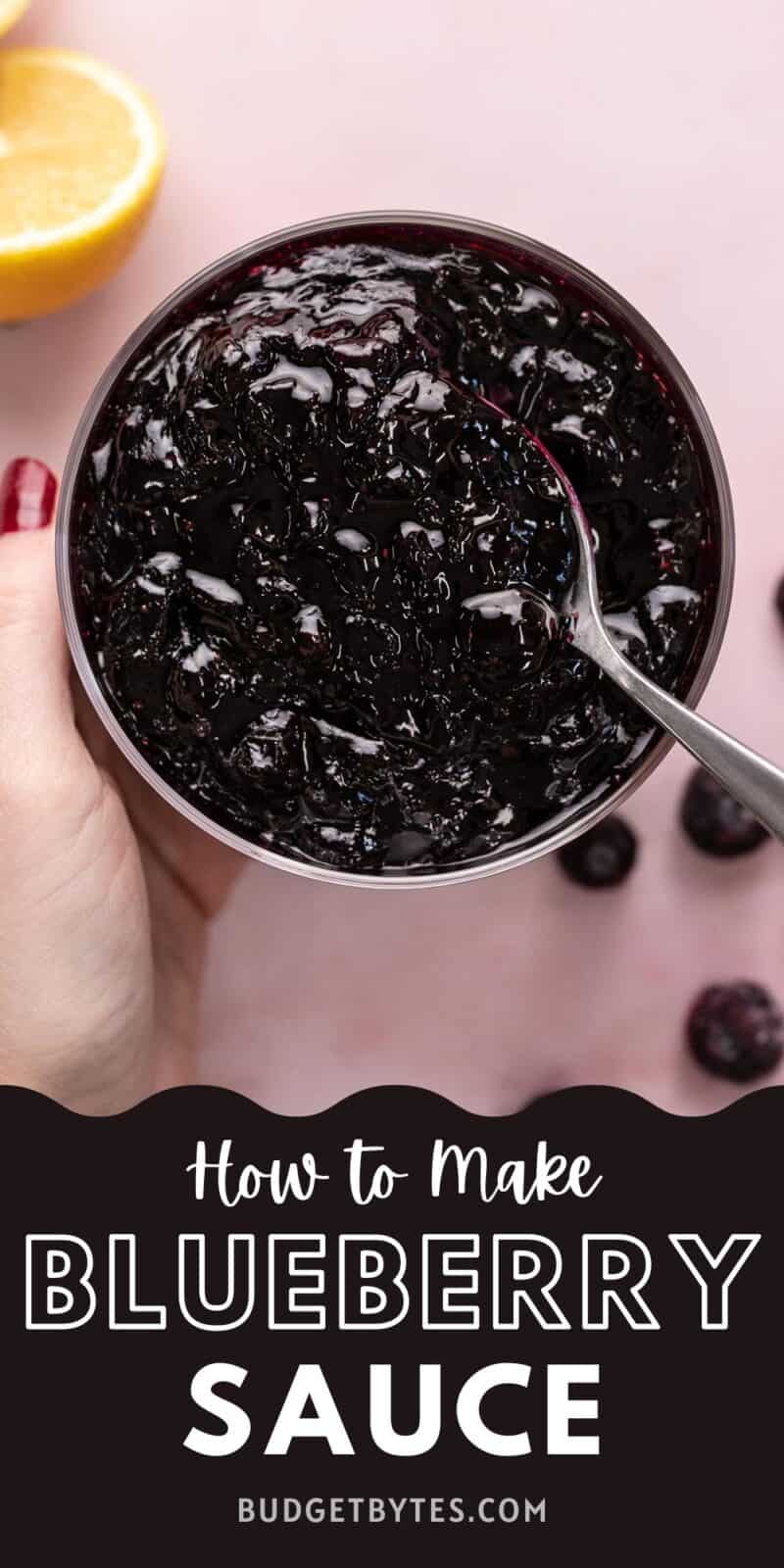 Overhead shot of blueberry sauce in a serving bowl with spoon in it.