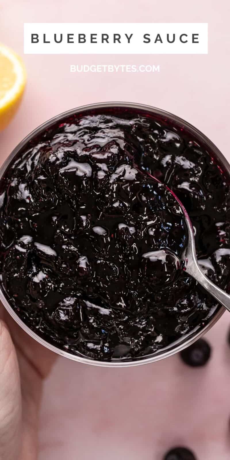 Overhead shot of blueberry sauce in a serving bowl with spoon in it.