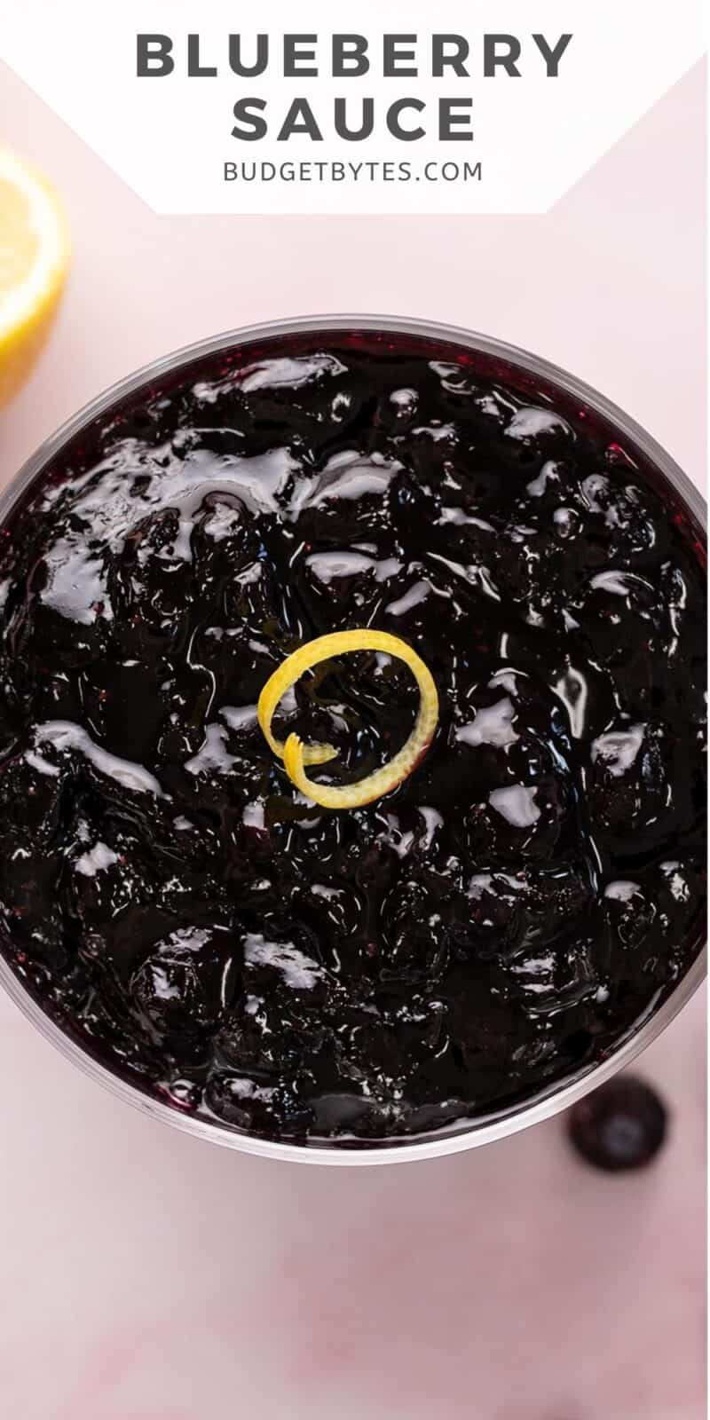 Overhead shot of blueberry sauce in a serving bowl with lemon zest.