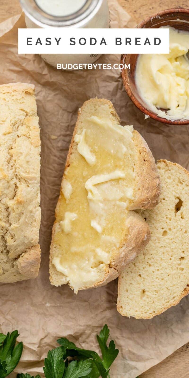 Easy soda bread sliced on parchent.