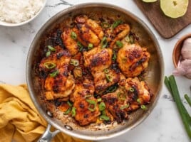 Overhead view of honey chipotle chicken in the skillet.