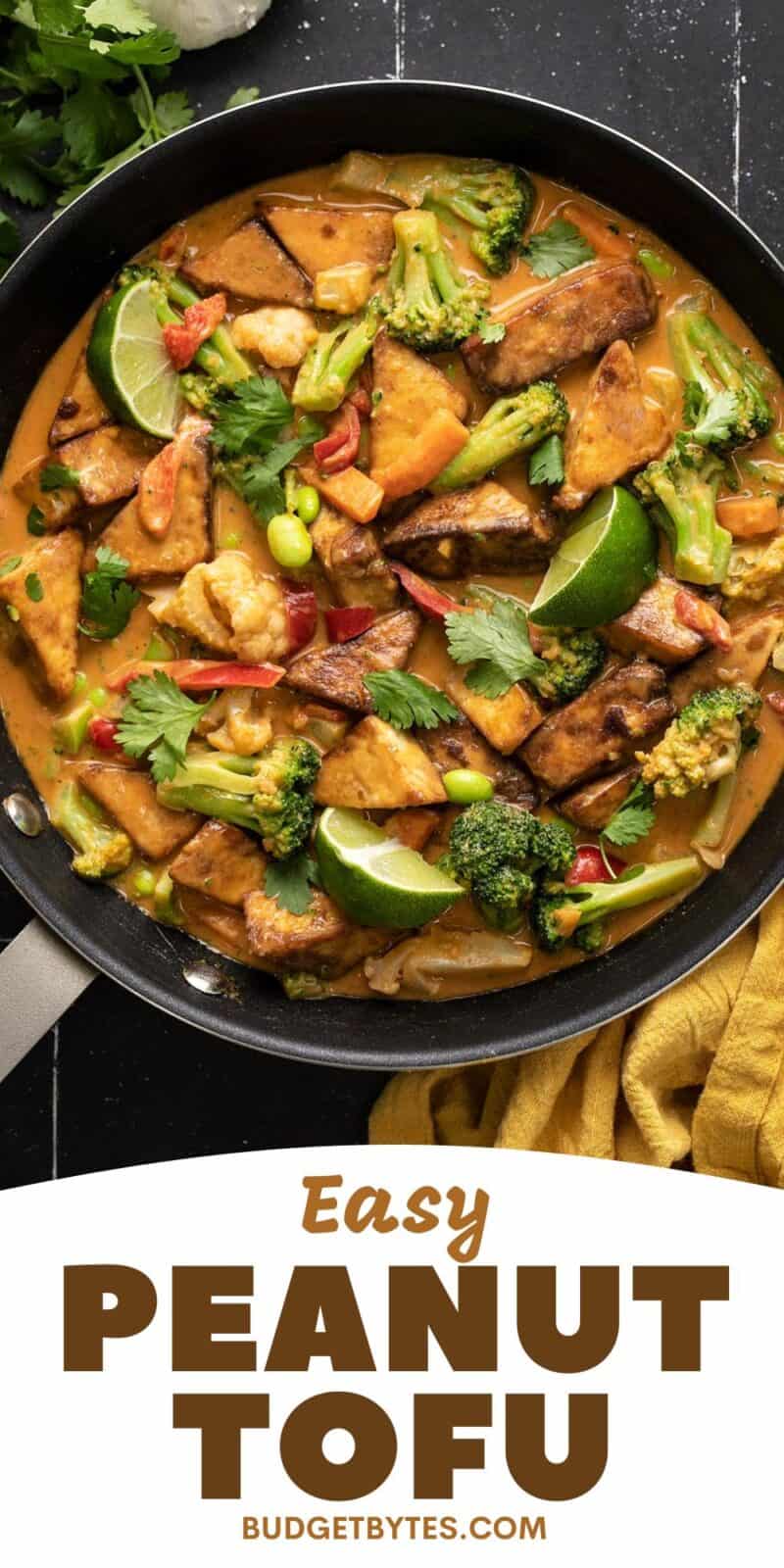 Overhead view of peanut tofu in a skillet with title text at the bottom.