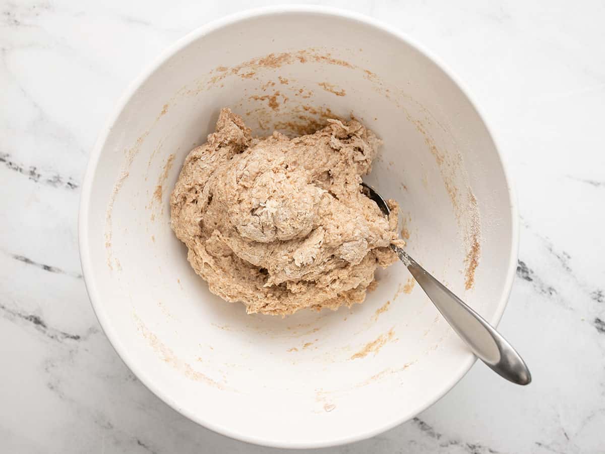 Shaggy dough ball in the mixing bowl.