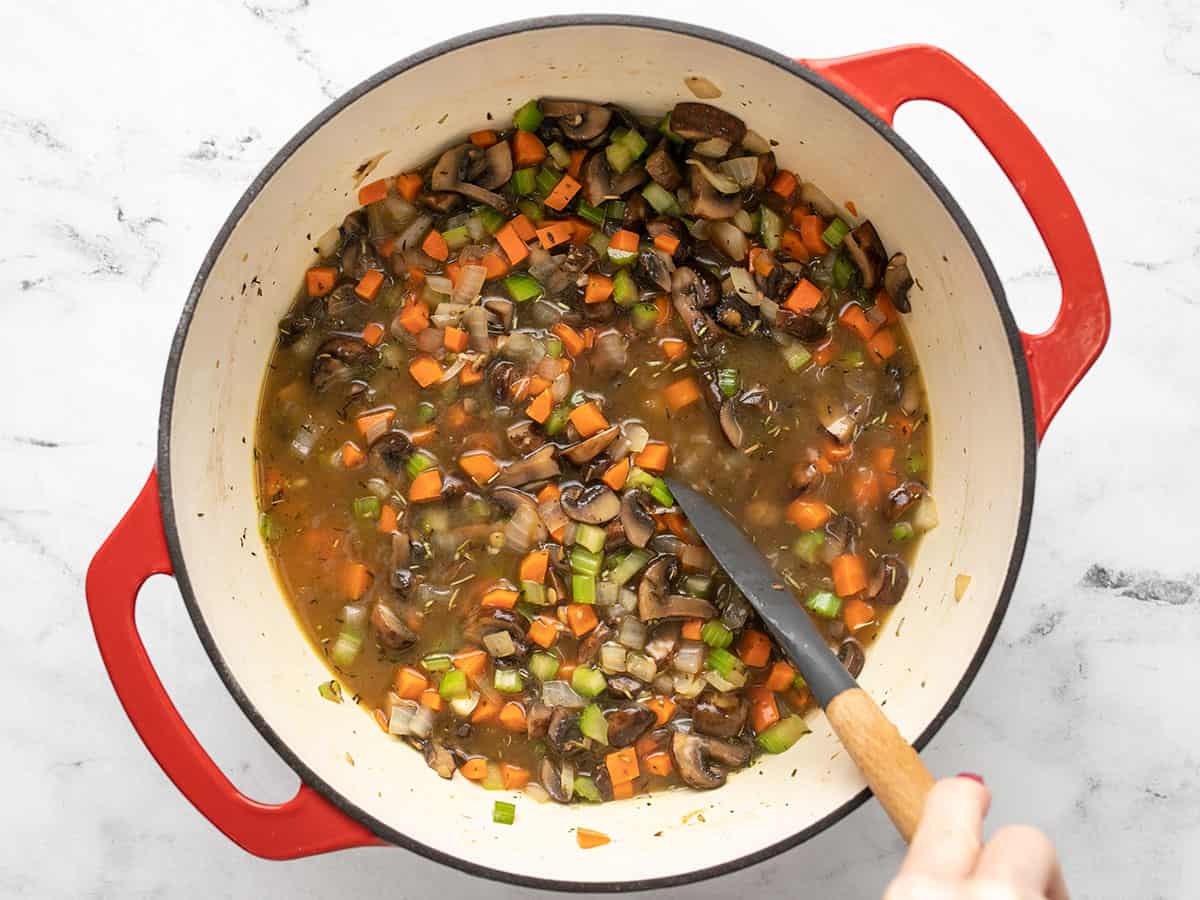 Simmered soup in the pot.