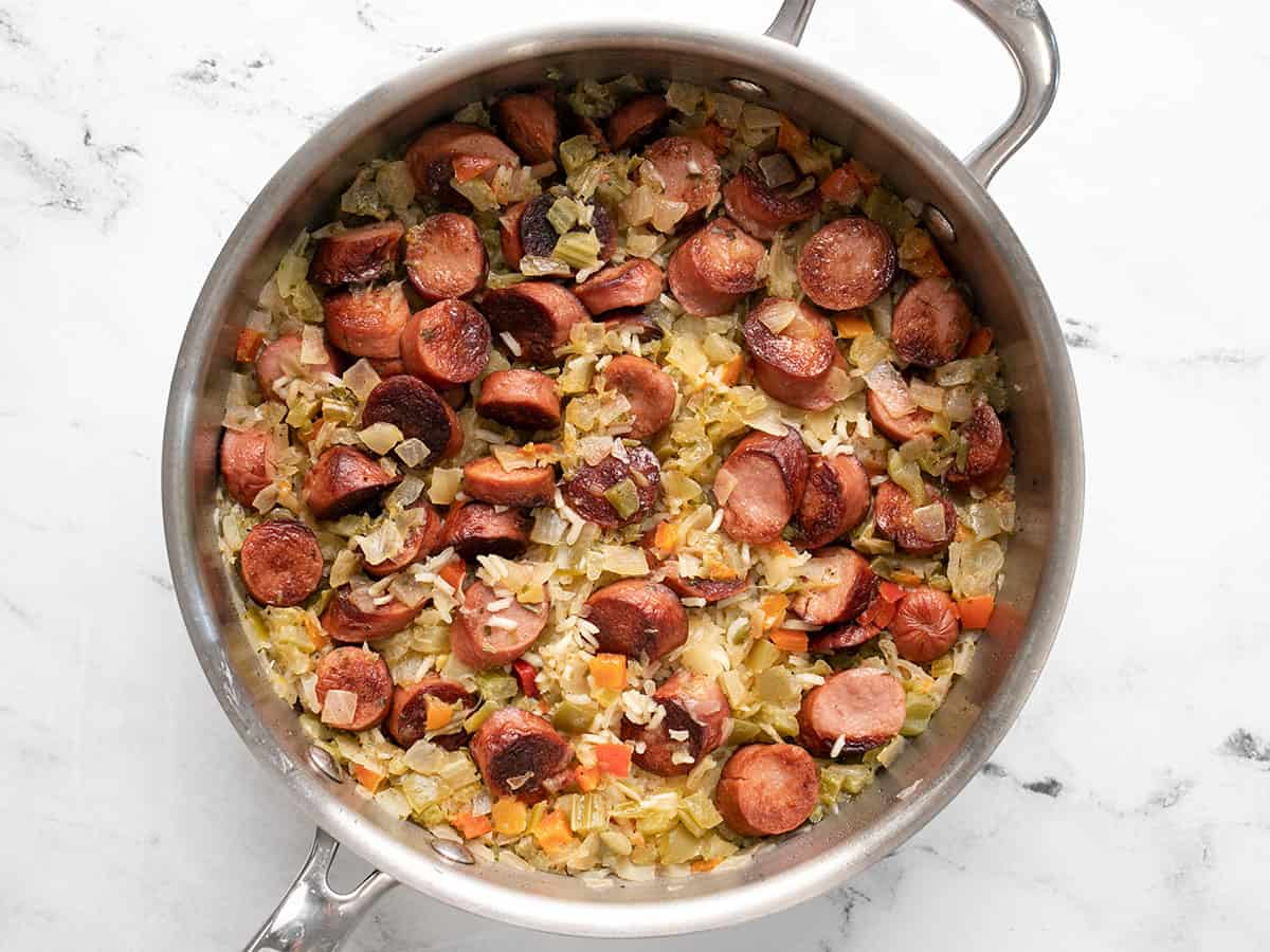 Simmered sausage and rice.