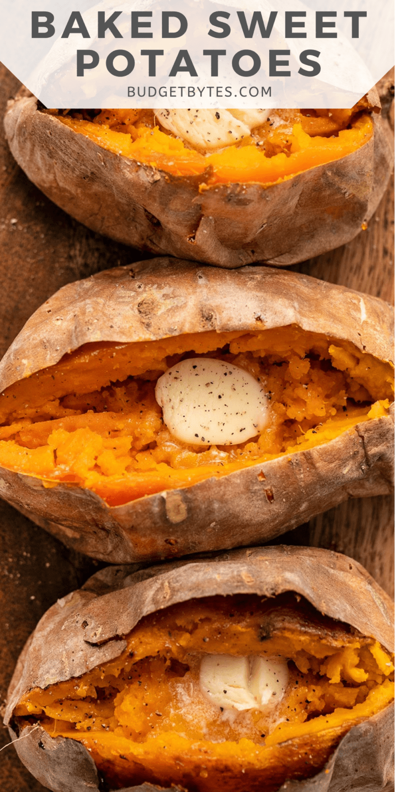 Overhead view of baked sweet potatoes with butter.