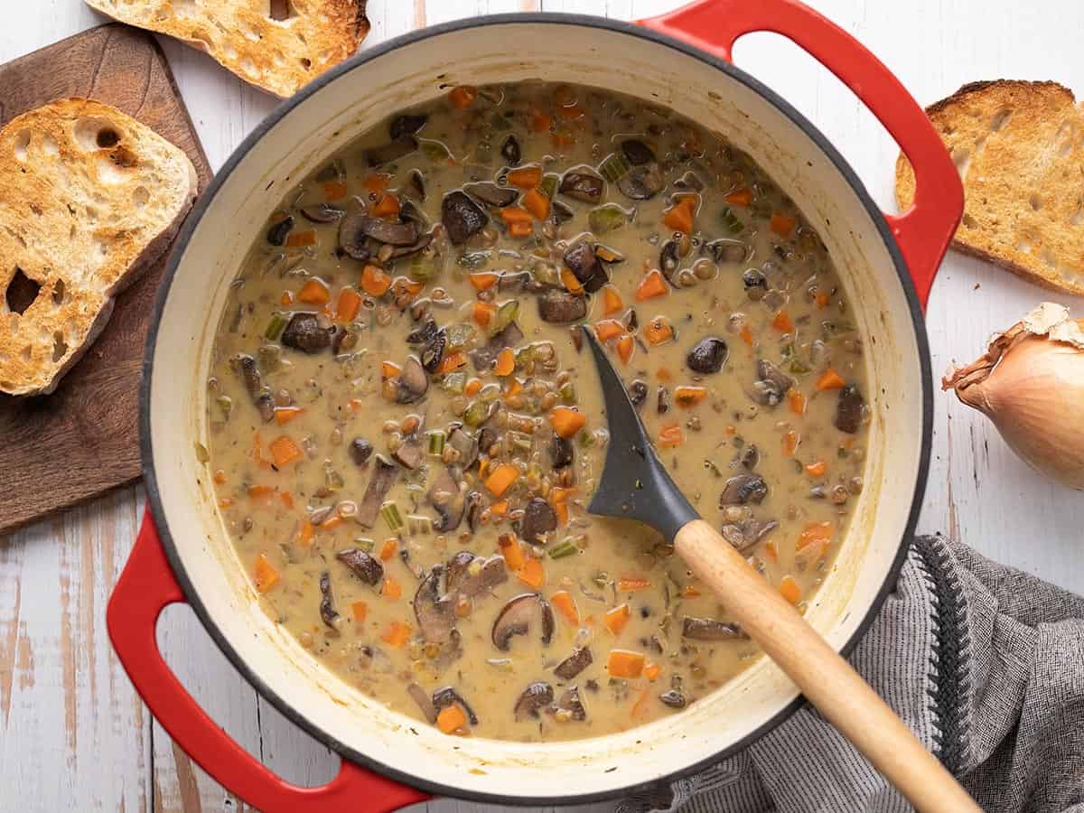 Overhead view of a pot of creamy lentil vegetable soup