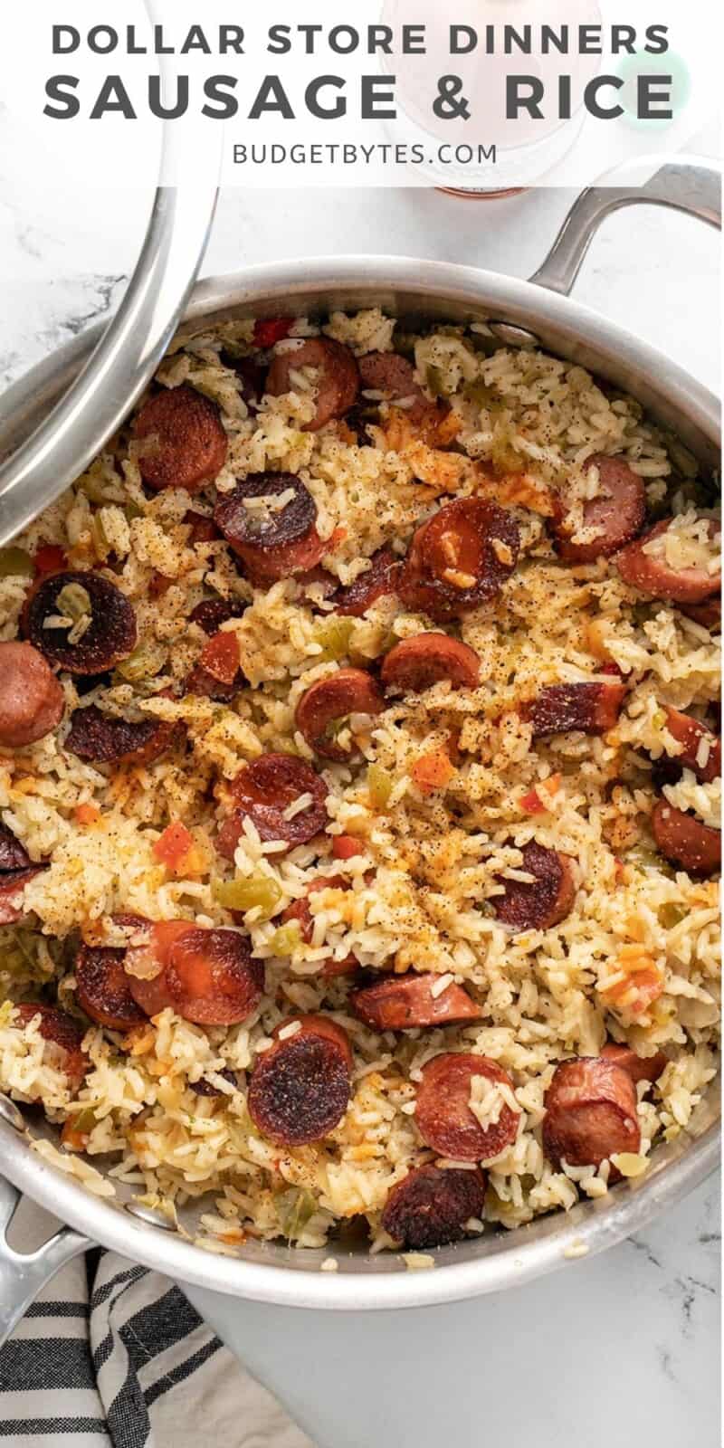 Overhead view of a skillet full of sausage and rice.