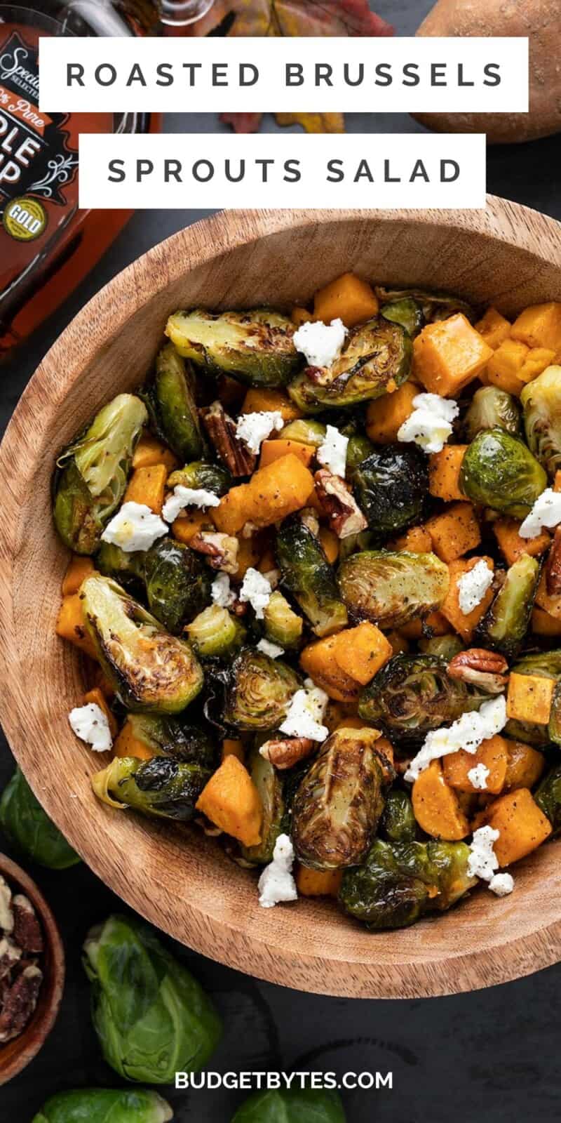 Close up overhead view of roasted brussels sprouts salad with title text at the top.