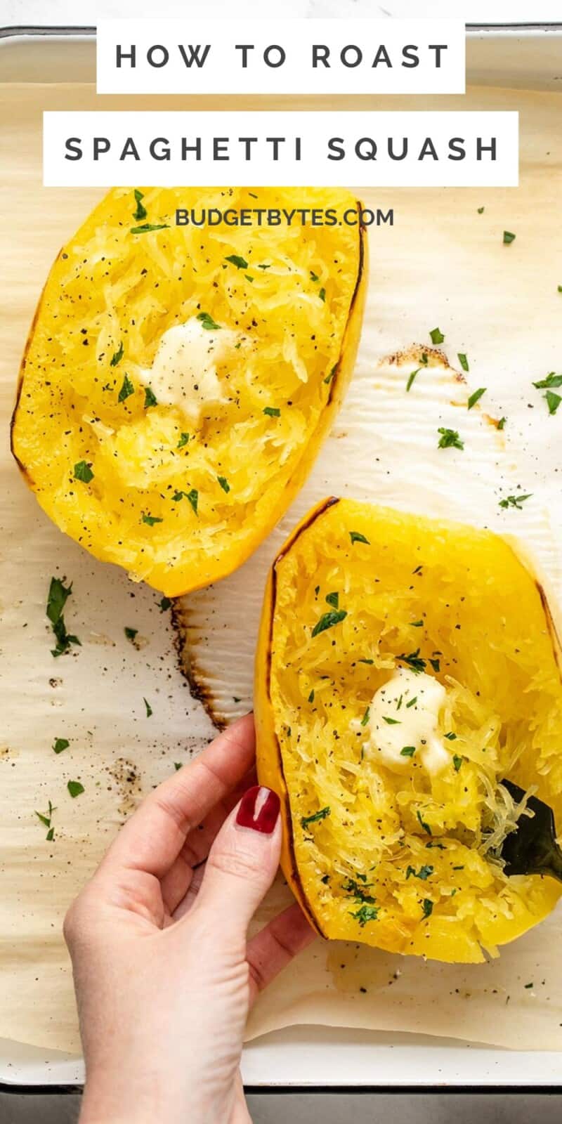 Overhead shot of roasted spaghetti squash dressed with butter and chopped Italian parsley.