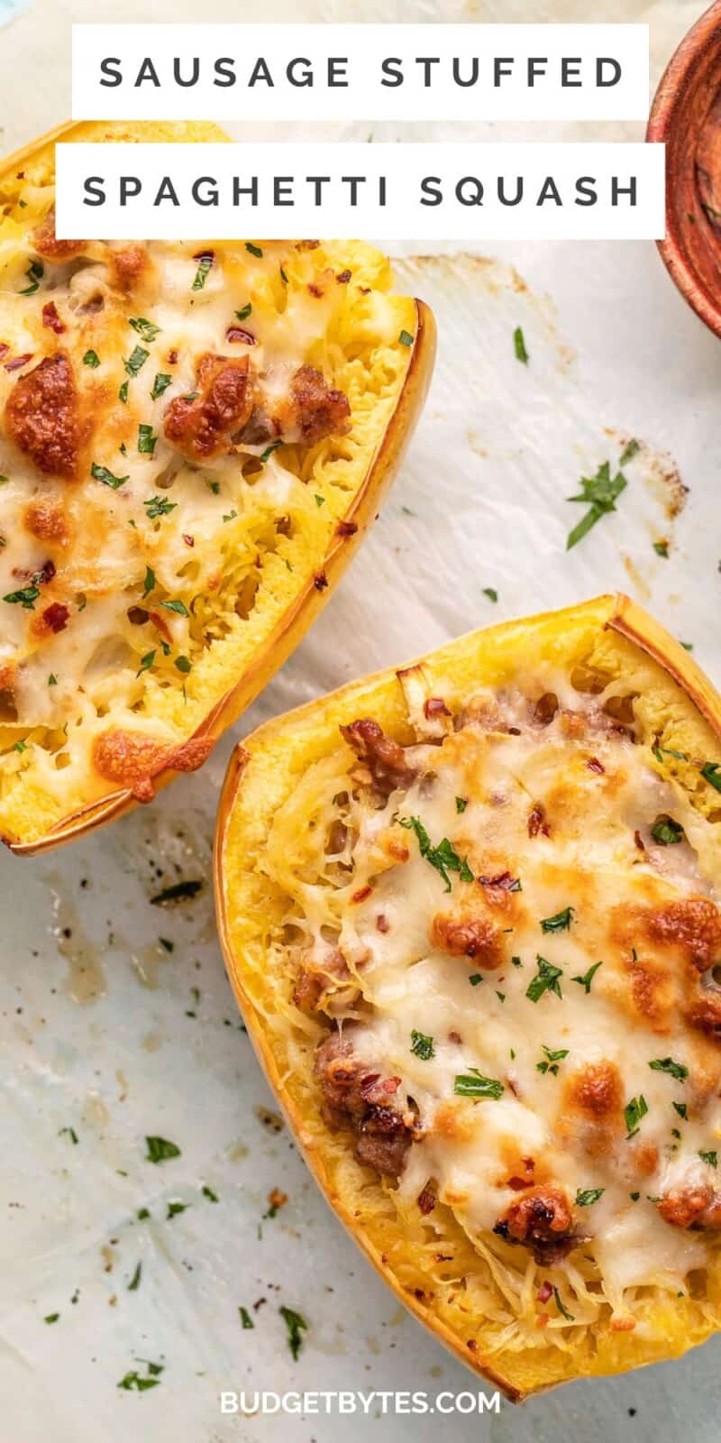 Overhead shot of stuffed spaghetti squash.