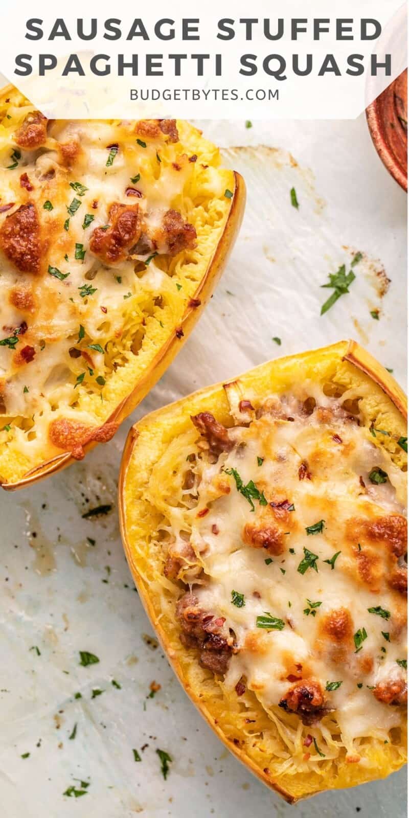 Overhead shot of stuffed spaghetti squash.