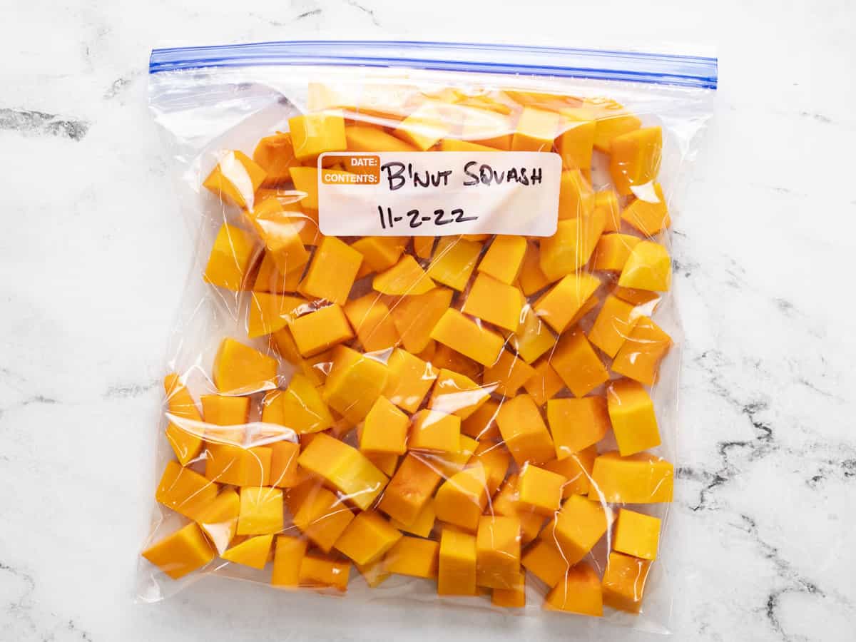 Butternut squash cubes in a freezer bag.