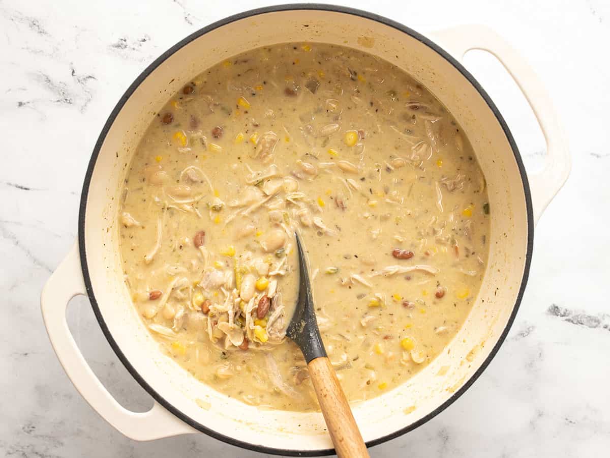 finished creamy white chicken chili in the pot with a spoon.