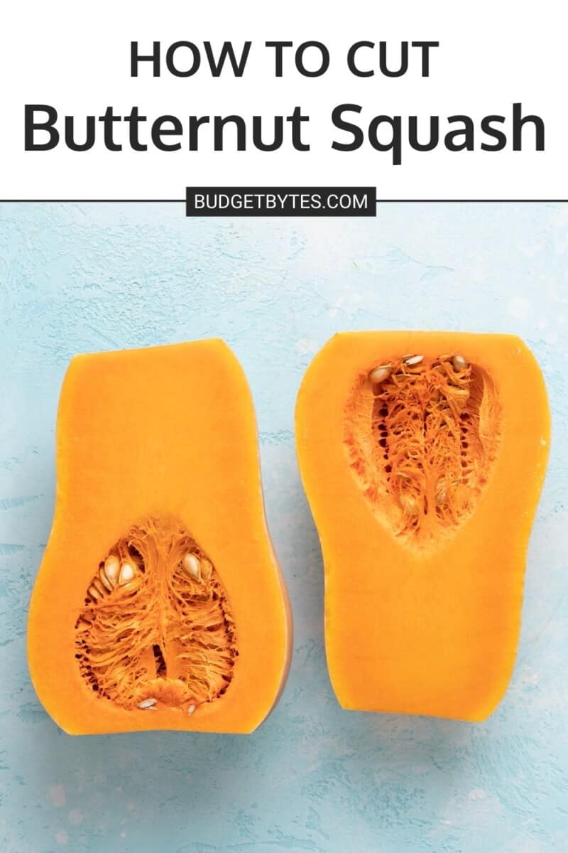 Overhead view of a butternut squash cut in half.