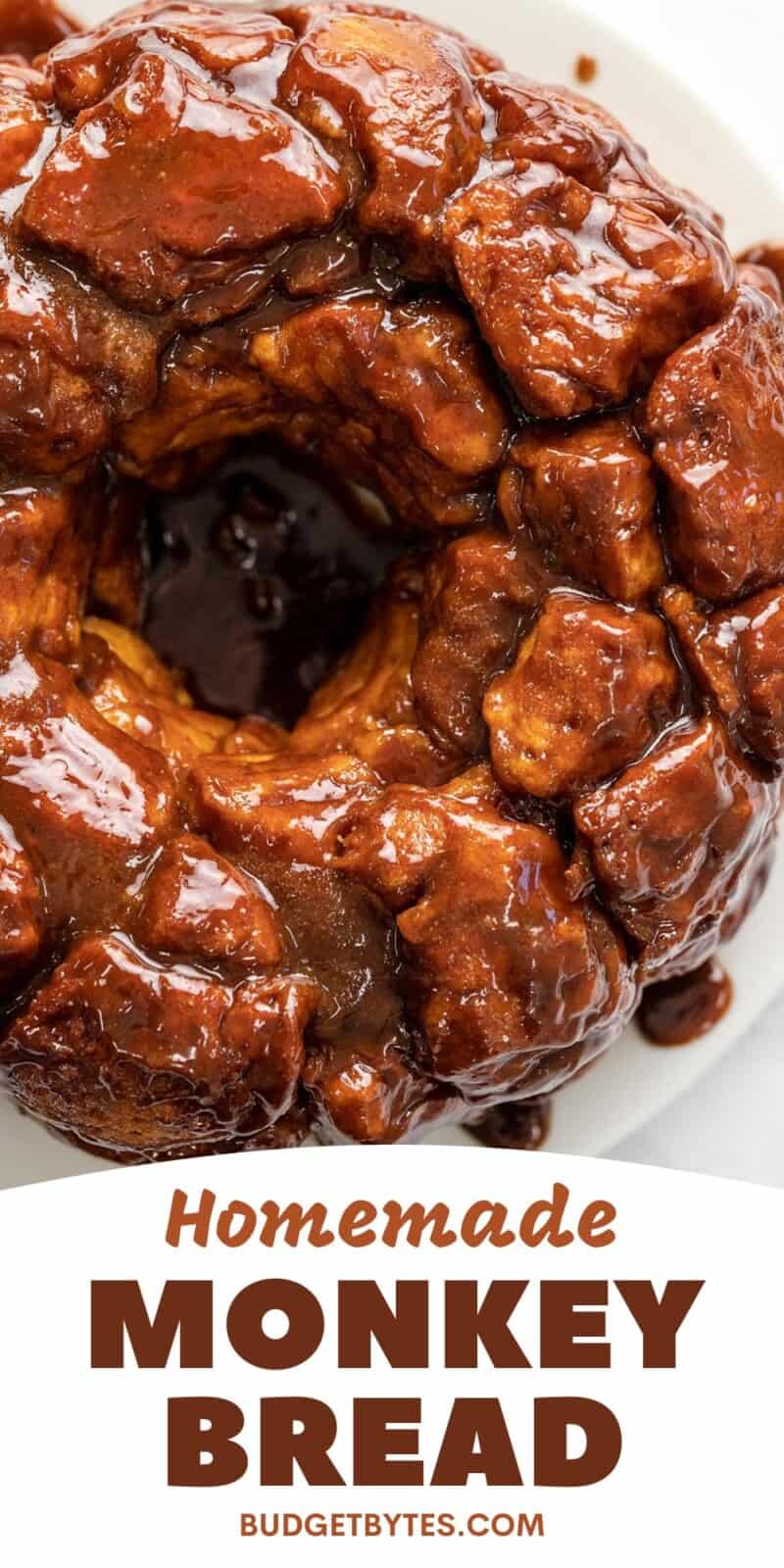 Overhead shot of monkey bread on white plate.