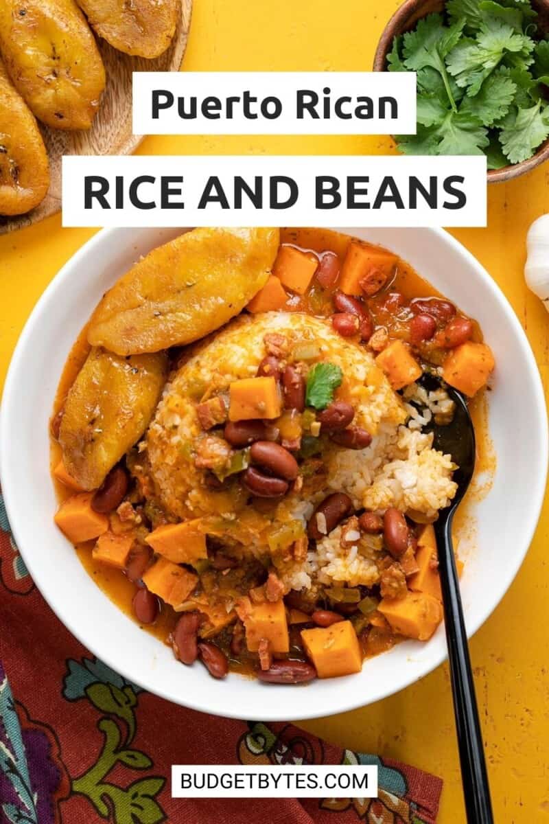 Overhead shot of a bowl of red beans and rice with a side of ripe plantain slices.