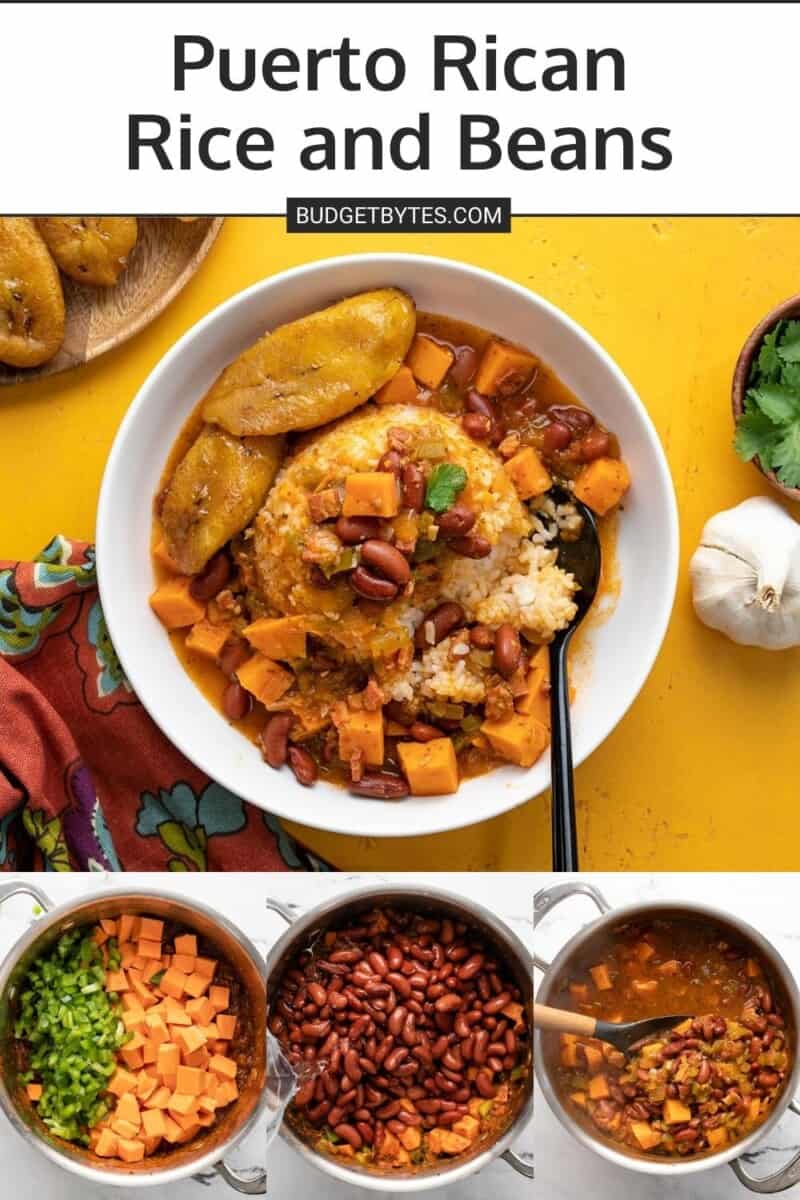 Overhead shot of a white bowl of red beans and rice with a side of ripe plantain slices.. Under that photo are three other photos of the red beans and rice being made.