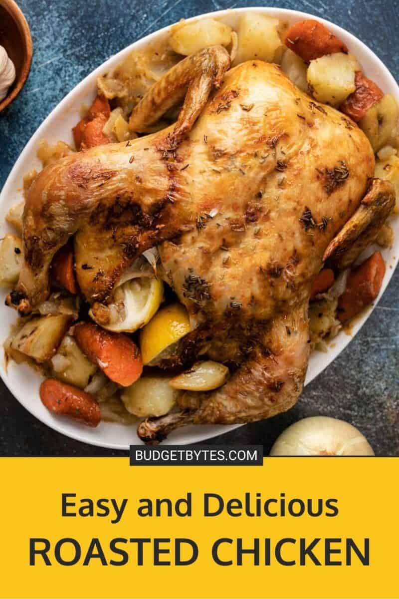 Overhead shot of whole roasted chicken and roasted vegetables on a white platter..