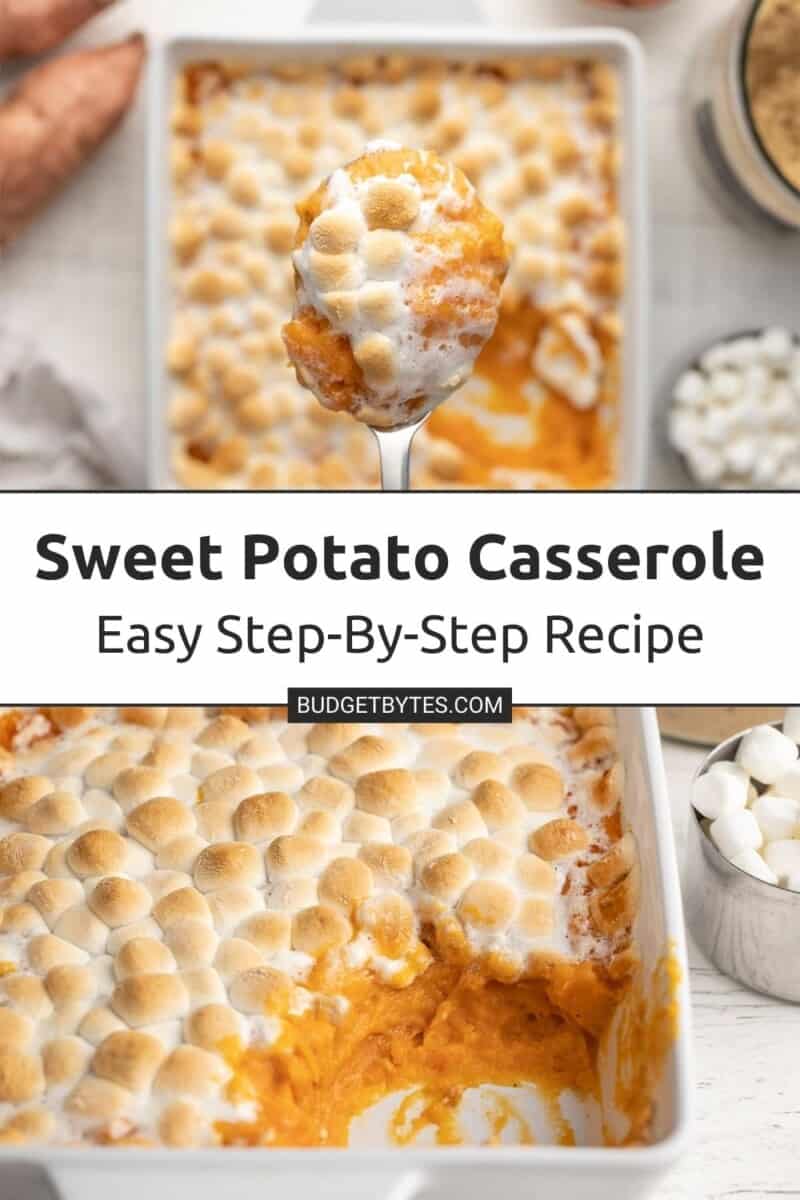 Overhead shot of sweet potato casserole in a white casserole dish with a silver serving spoon scooping out a bit of it. Underneath that shot is one of a sweet potato casserole in a white dish with a scoop taken out of it.