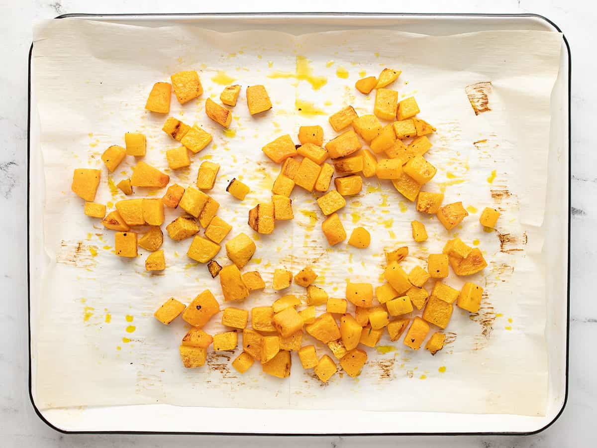 Roasted Butternut squash on a sheet pan.