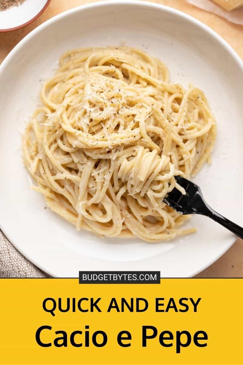 Overhead shot of finished Cacio e Pepe on a plate with a fork in it.