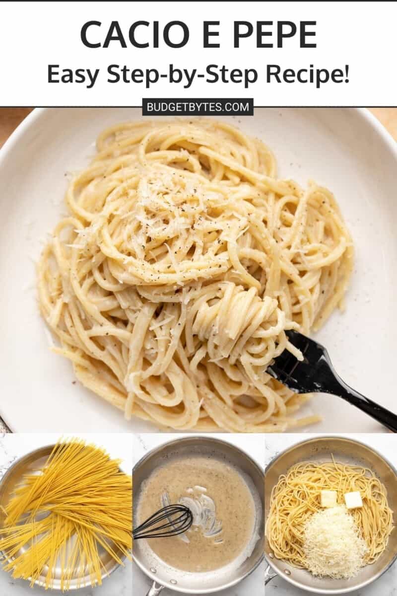 Collage that shows the steps of creating Cacio e Pepe.